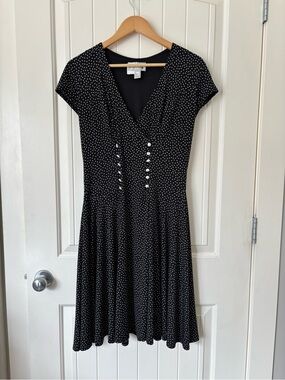 Joseph Ribkoff Black Polka Dot Midi Flare Dress Size 10 Flowy Classic Feminine
